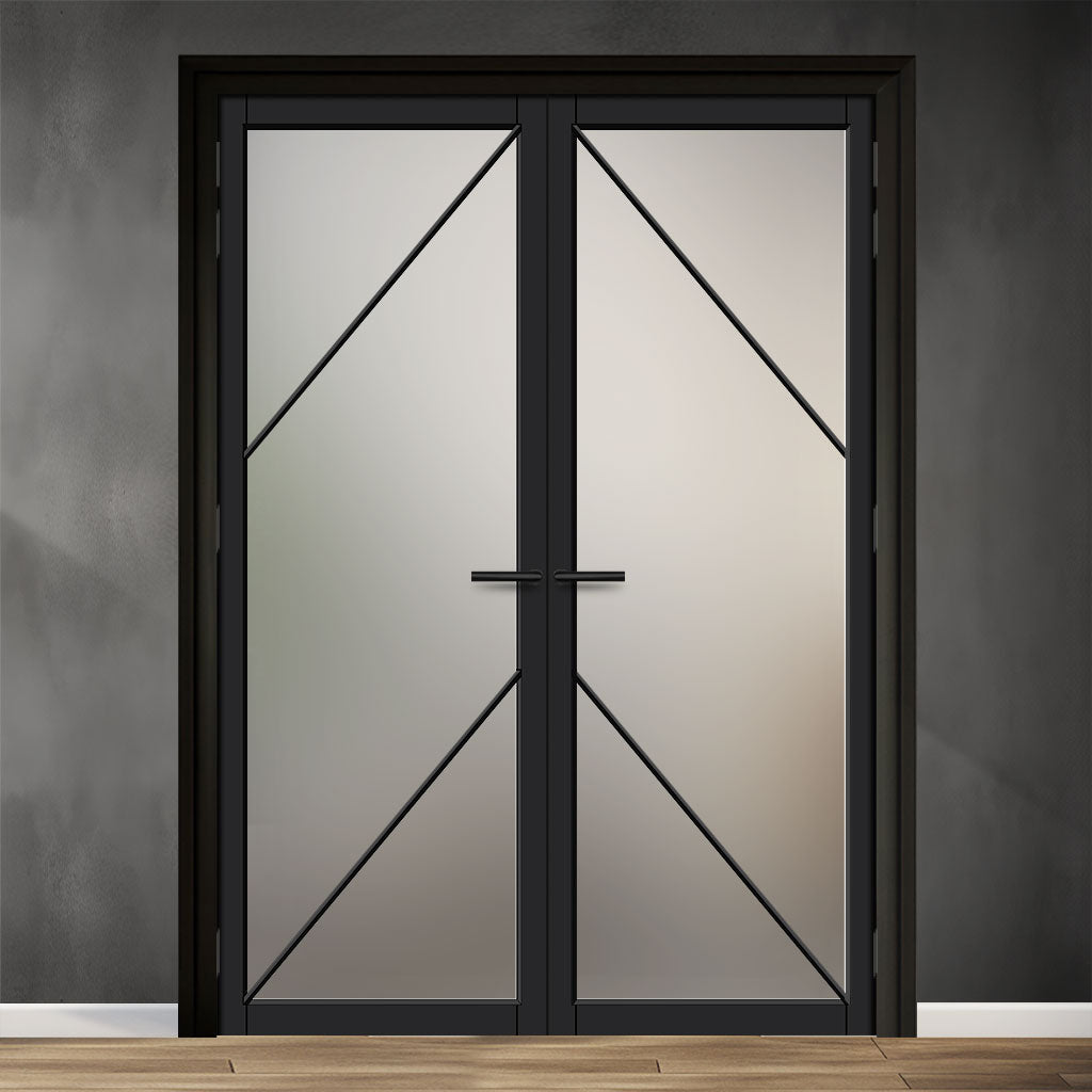 Aria Solid Wood Internal Door Pair UK Made DD0124F Frosted Glass - Shadow Black Premium Primed - Urban Lite® Bespoke Sizes