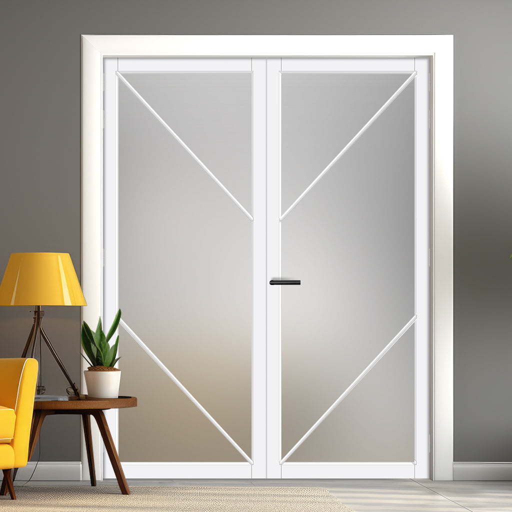 Aria Solid Wood Internal Door Pair UK Made DD0124F Frosted Glass - Cloud White Premium Primed - Urban Lite® Bespoke Sizes