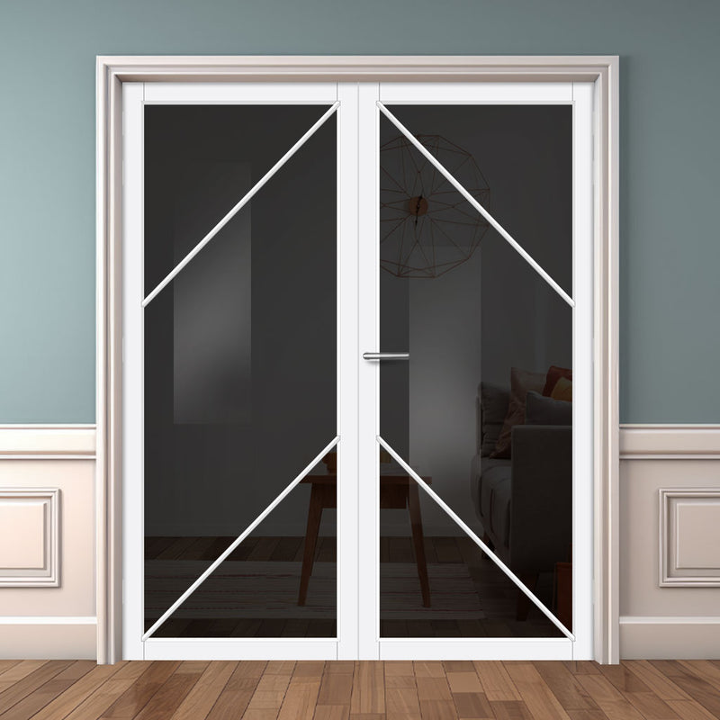 Aria Solid Wood Internal Door Pair UK Made DD0124T Tinted Glass - Cloud White Premium Primed - Urban Lite® Bespoke Sizes