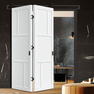 Image: SpaceEasi Top Mounted Black Folding Track & Double Door - Eco-Urban® Arran 5 Panel Solid Wood Door DD6432 - Premium Primed Colour Options