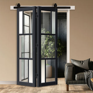 Image: SpaceEasi Top Mounted Black Folding Track & Double Door - Eco-Urban® Arran 5 Pane Solid Wood Door DD6432G Clear Glass(2 FROSTED PANES) - Premium Primed Colour Options