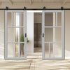 Top Mounted Black Sliding Track & Solid Wood Double Doors - Eco-Urban Arran 5 Pane Doors DD6432R Clear Reeded Glass - Mist Grey Premium Primed
