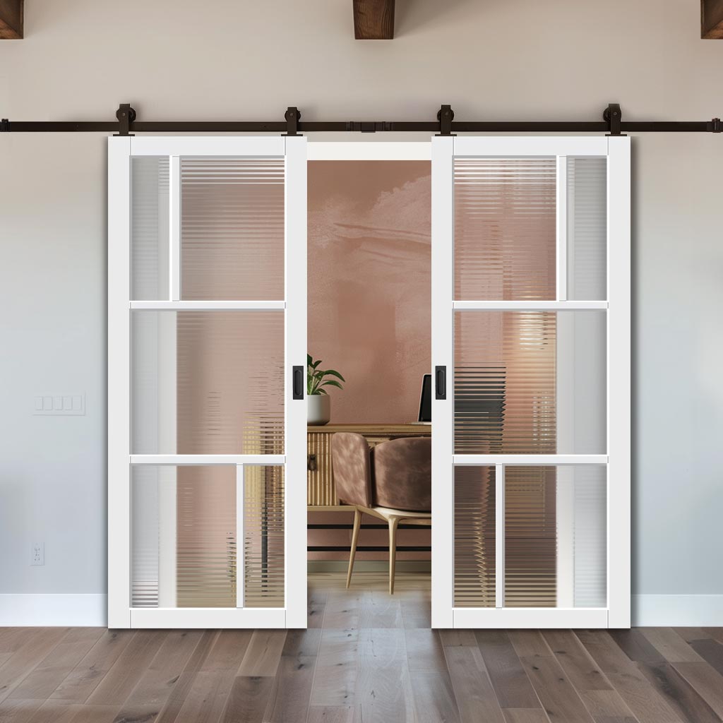 Top Mounted Black Sliding Track & Solid Wood Double Doors - Eco-Urban Arran 5 Pane Doors DD6432R Clear Reeded Glass - Cloud White Premium Primed