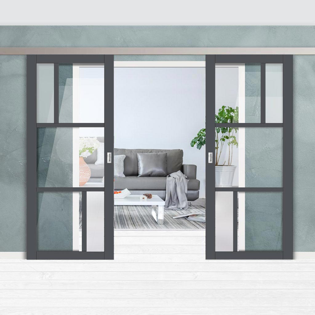 Double Sliding Door & Premium Wall Track - Eco-Urban® Arran 5 Pane Doors DD6432G Clear Glass(2 FROSTED PANES) - 6 Colour Options