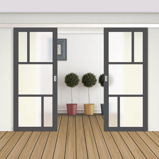 Image: Double Sliding Door & Premium Wall Track - Eco-Urban® Arran 5 Pane Doors DD6432SG Frosted Glass - 6 Colour Options