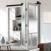 SpaceEasi Top Mounted Black Folding Track & Double Door - Eco-Urban® Arran 5 Pane Solid Wood Door DD6432SG Frosted Glass - Premium Primed Colour Options