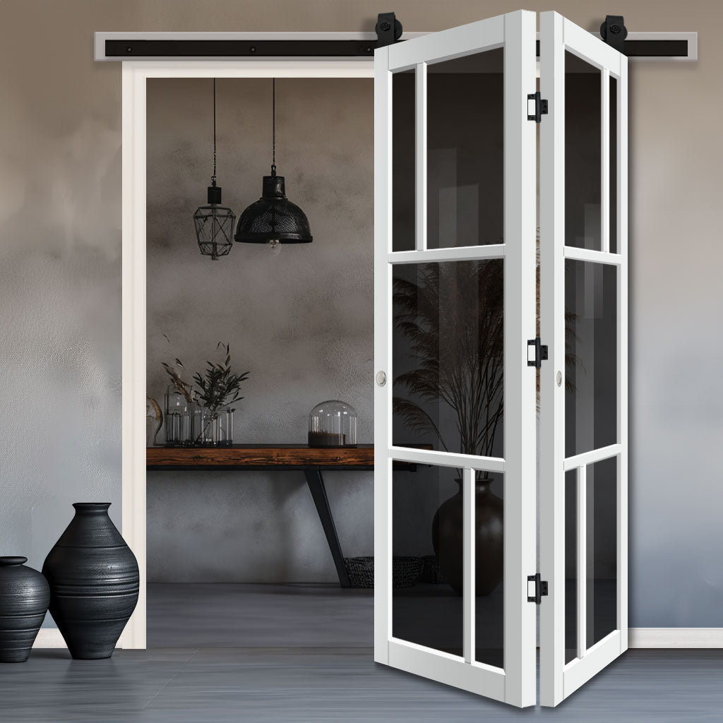 SpaceEasi Top Mounted Black Folding Track & Double Door - Handcrafted Eco-Urban Arran 5 Pane Solid Wood Door DD6432T Tinted Glass - Premium Primed Colour Options