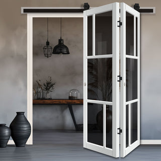 Image: SpaceEasi Top Mounted Black Folding Track & Double Door - Handcrafted Eco-Urban Arran 5 Pane Solid Wood Door DD6432T Tinted Glass - Premium Primed Colour Options