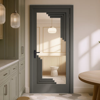 Image: Urban Deco® Solid Wood Internal Door UK Made - Clear Glass - Stormy Grey Premium Primed - Bespoke Sizes