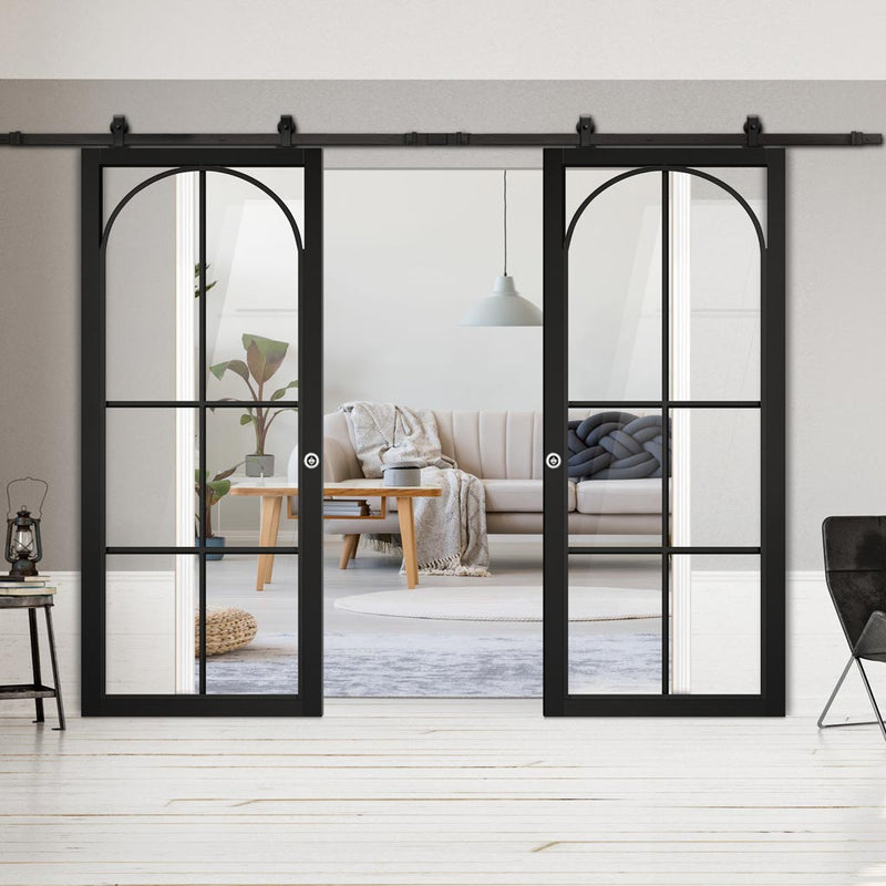 Top Mounted Black Sliding Track & Double Door - Astoria Black Internal Door - Clear Glass - Prefinished