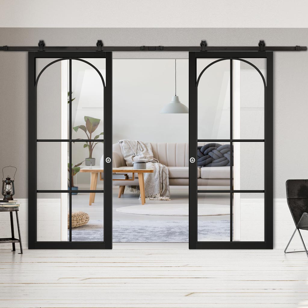 Top Mounted Black Sliding Track & Double Door - Astoria Black Internal Door - Clear Glass - Prefinished