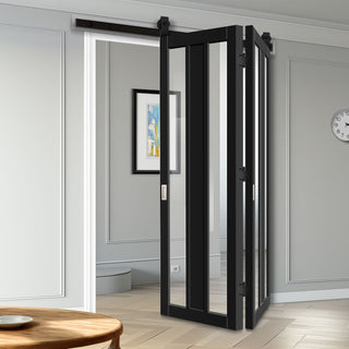 Image: SpaceEasi Top Mounted Black Folding Track & Double Door - Eco-Urban® Avenue 2 Pane 1 Panel Solid Wood Door DD6410G Clear Glass - Premium Primed Colour Options