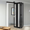 SpaceEasi Top Mounted Black Folding Track & Double Door - Eco-Urban® Avenue 2 Pane 1 Panel Solid Wood Door DD6410G Clear Glass - Premium Primed Colour Options