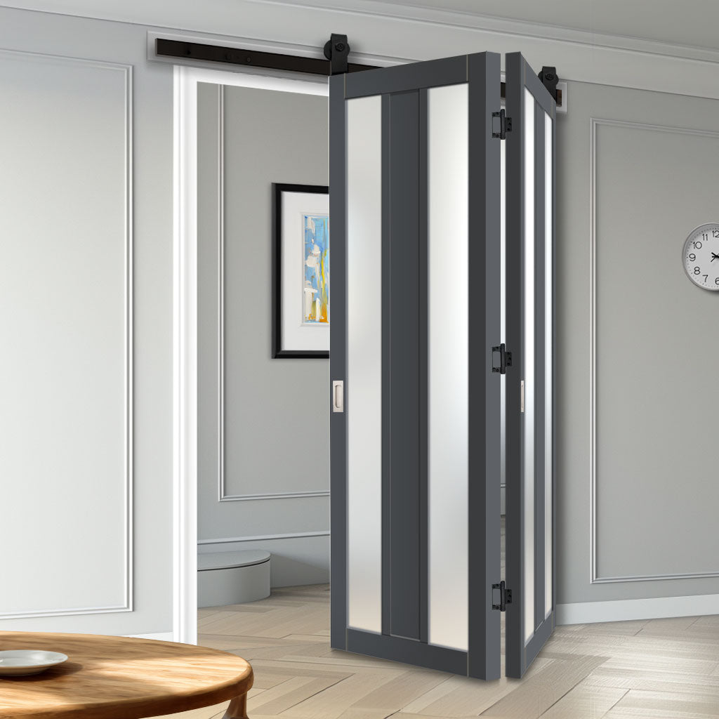 SpaceEasi Top Mounted Black Folding Track & Double Door - Eco-Urban® Avenue 2 Pane 1 Panel Solid Wood Door DD6410SG Frosted Glass - Premium Primed Colour Options
