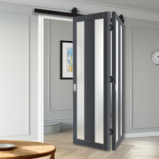 Image: SpaceEasi Top Mounted Black Folding Track & Double Door - Eco-Urban® Avenue 2 Pane 1 Panel Solid Wood Door DD6410SG Frosted Glass - Premium Primed Colour Options