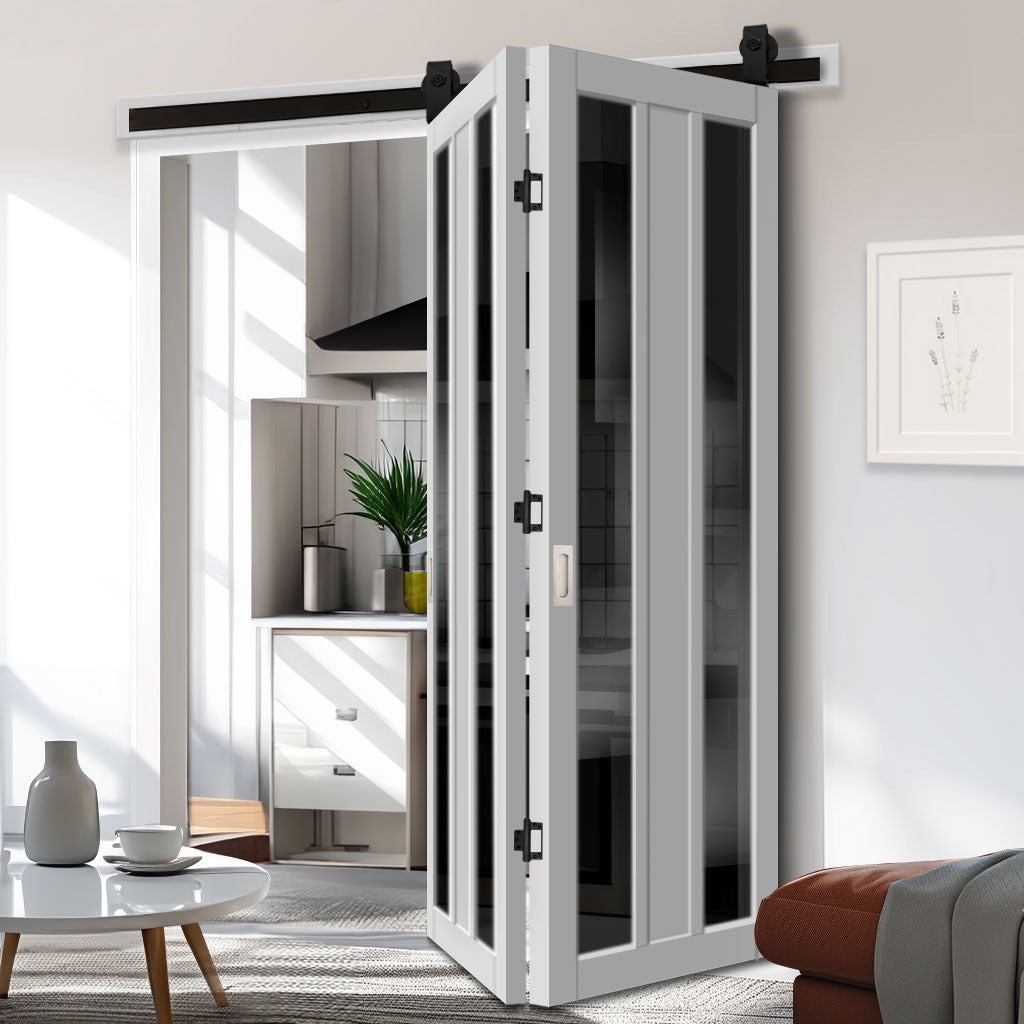 SpaceEasi Top Mounted Black Folding Track & Double Door - Handcrafted Eco-Urban Avenue 2 Pane 1 Panel Solid Wood Door DD6410T Tinted Glass - Premium Primed Colour Options