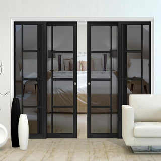 Image: Brixton Black Staffetta Quad Telescopic Pocket Door - Prefinished - Tinted Glass - Urban Collection