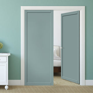 Image: Baltimore 1 Panel Solid Wood Internal Door Pair UK Made DD6301 - Eco-Urban® Sage Sky Premium Primed