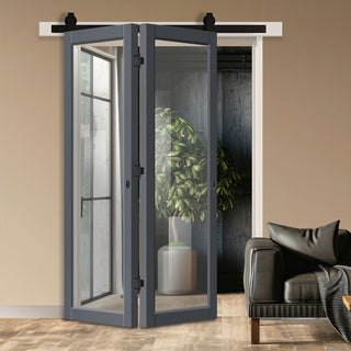 Image: SpaceEasi Top Mounted Black Folding Track & Double Door - Eco-Urban® Baltimore 1 Pane Solid Wood Door DD6301G - Clear Glass - Premium Primed Colour Options