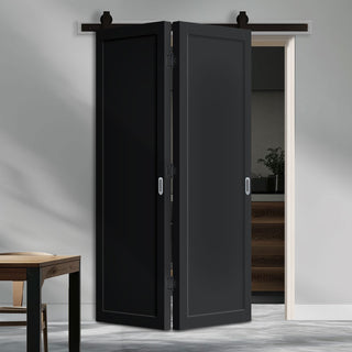 Image: SpaceEasi Top Mounted Black Folding Track & Double Door - Eco-Urban® Baltimore 1 Panel Solid Wood Door DD6301 - Shadow Black Premium Primed