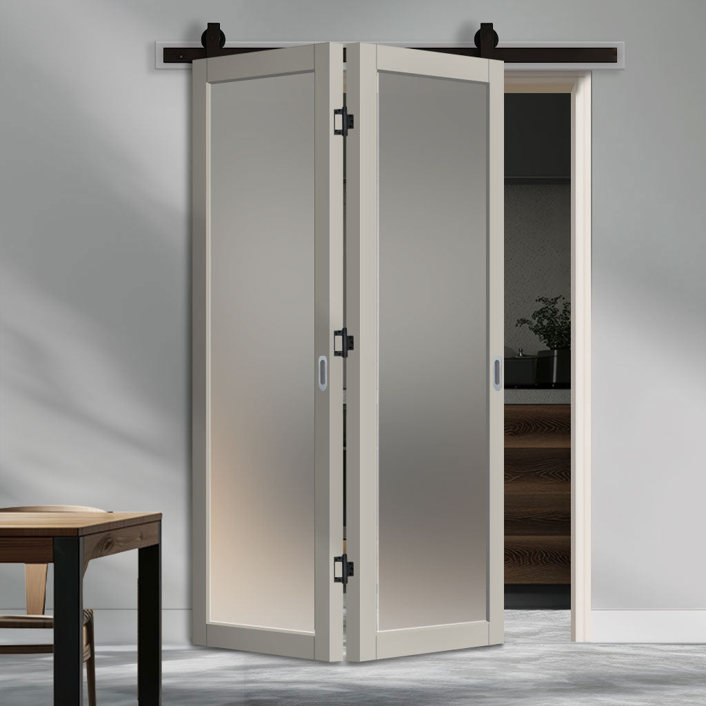 SpaceEasi Top Mounted Black Folding Track & Double Door - Eco-Urban® Baltimore 1 Pane Solid Wood Door DD6301SG - Frosted Glass - Premium Primed Colour Options