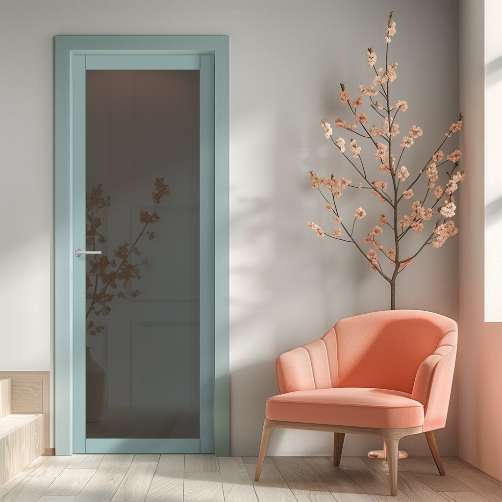 Baltimore 1 Pane Solid Wood Internal Door UK Made DD6301SG - Tinted Glass - Eco-Urban® Sage Sky Premium Primed