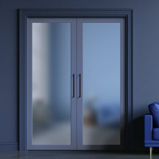 Image: Eco-Urban Baltimore 1 Pane Solid Wood Internal Door Pair UK Made DD6301SG - Frosted Glass - Eco-Urban® Heather Blue Premium Primed