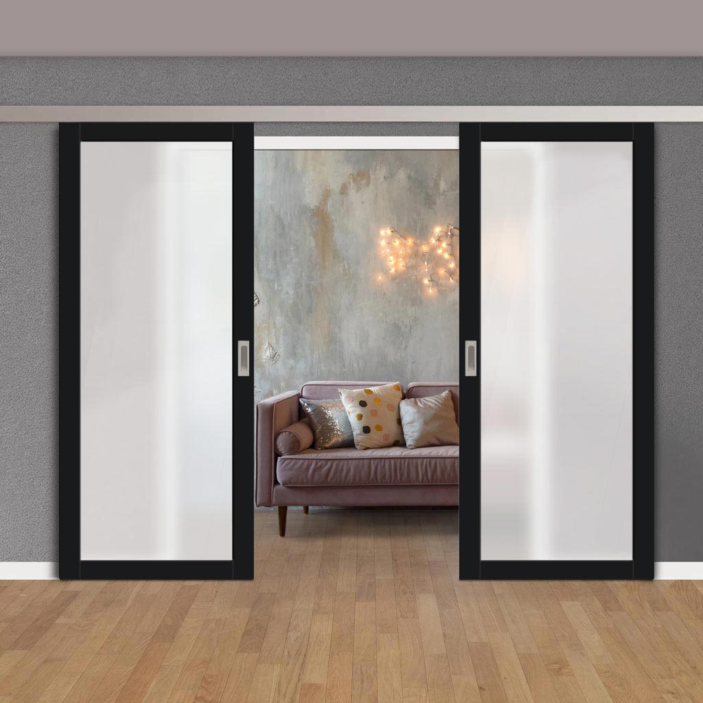 Double Sliding Door & Premium Wall Track - Eco-Urban® Baltimore 1 Pane Doors DD6301SG - Frosted Glass - 6 Colour Options