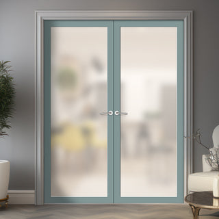 Image: Eco-Urban Baltimore 1 Pane Solid Wood Internal Door Pair UK Made DD6301SG - Frosted Glass - Eco-Urban® Sage Sky Premium Primed