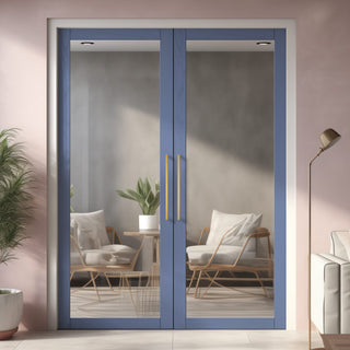 Image: Baltimore 1 Pane Solid Wood Internal Door Pair UK Made DD6301G - Clear Glass - Eco-Urban® Heather Blue Premium Primed
