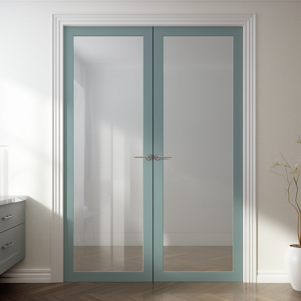 Baltimore 1 Pane Solid Wood Internal Door Pair UK Made DD6301G - Clear Glass - Eco-Urban® Sage Sky Premium Primed