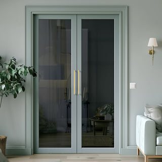 Image: Baltimore 1 Pane Solid Wood Internal Door Pair UK Made DD6301SG - Tinted Glass - Eco-Urban® Sage Sky Premium Primed