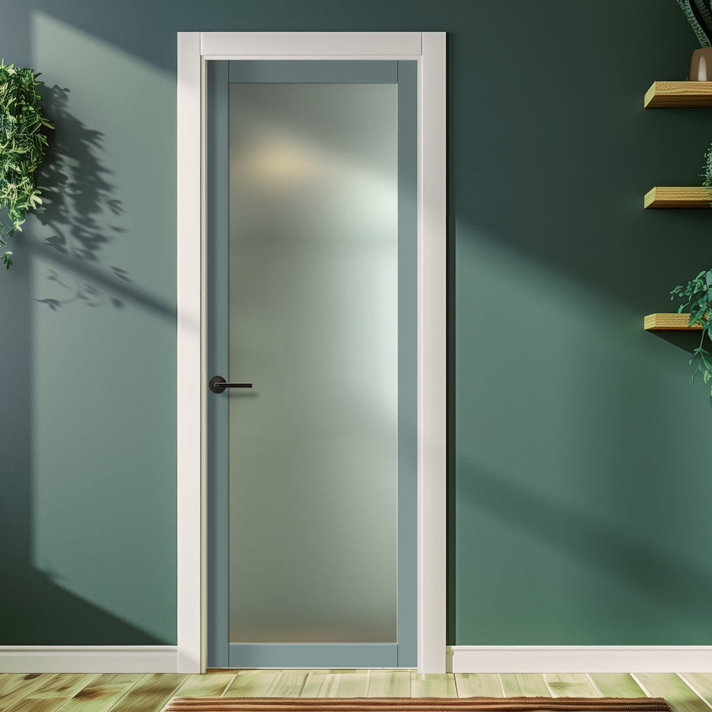 Baltimore 1 Pane Solid Wood Internal Door UK Made DD6301SG - Frosted Glass - Eco-Urban® Sage Sky Premium Primed
