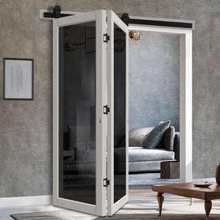 Image: SpaceEasi Top Mounted Black Folding Track & Double Door - Handcrafted Eco-Urban Baltimore 1 Pane Solid Wood Door DD6301SG - Tinted Glass - Premium Primed Colour Options