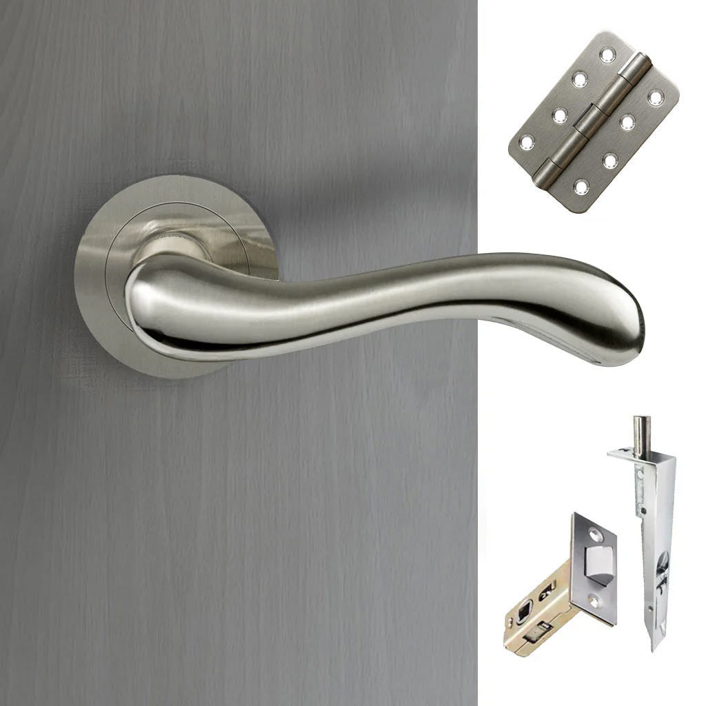 Bari Double Door Lever Handle Pack - 6 Radius Cornered Hinges - Satin Finish - Combo Handle and Accessory Pack