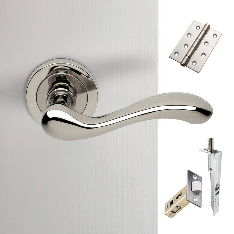 Bari Double Door Lever Handle Pack - 8 Square Hinges - Polished Chrome Finish - Combo Handle and Accessory Pack