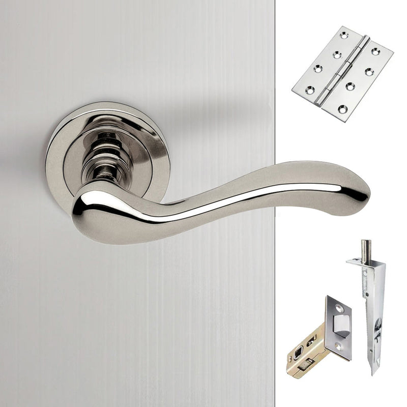 Bari Double Door Lever Handle Pack - 8 Square Hinges - Polished Chrome Finish - Combo Handle and Accessory Pack