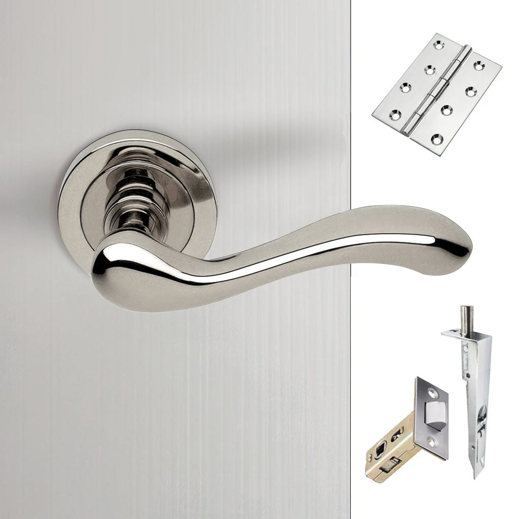 Bari Double Door Lever Handle Pack - 8 Square Hinges - Polished Chrome Finish - Combo Handle and Accessory Pack