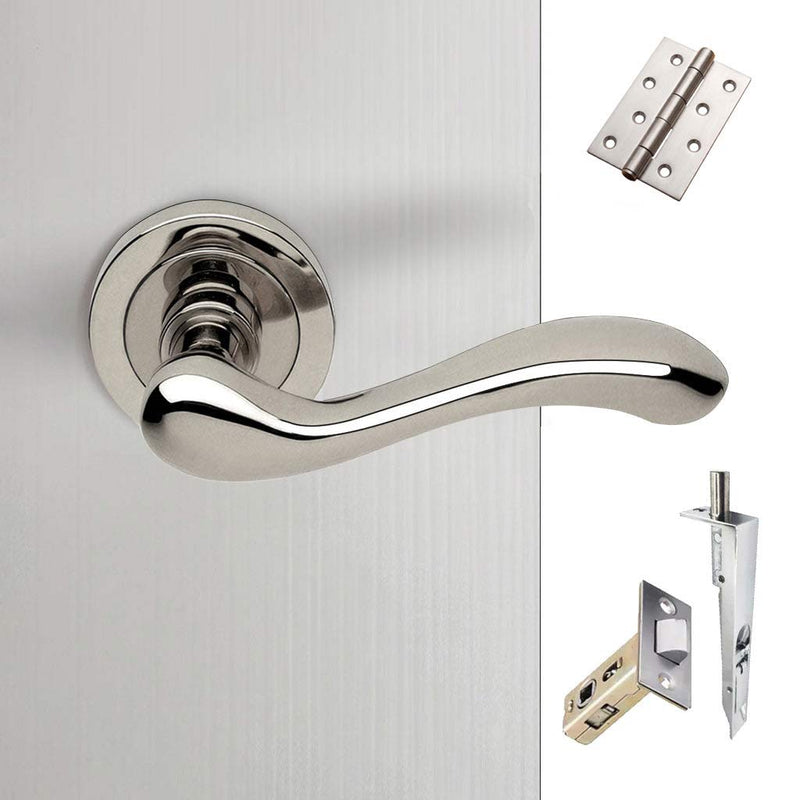 Bari Double Door Lever Handle Pack - 6 Square Hinges - Polished Chrome Finish - Combo Handle and Accessory Pack