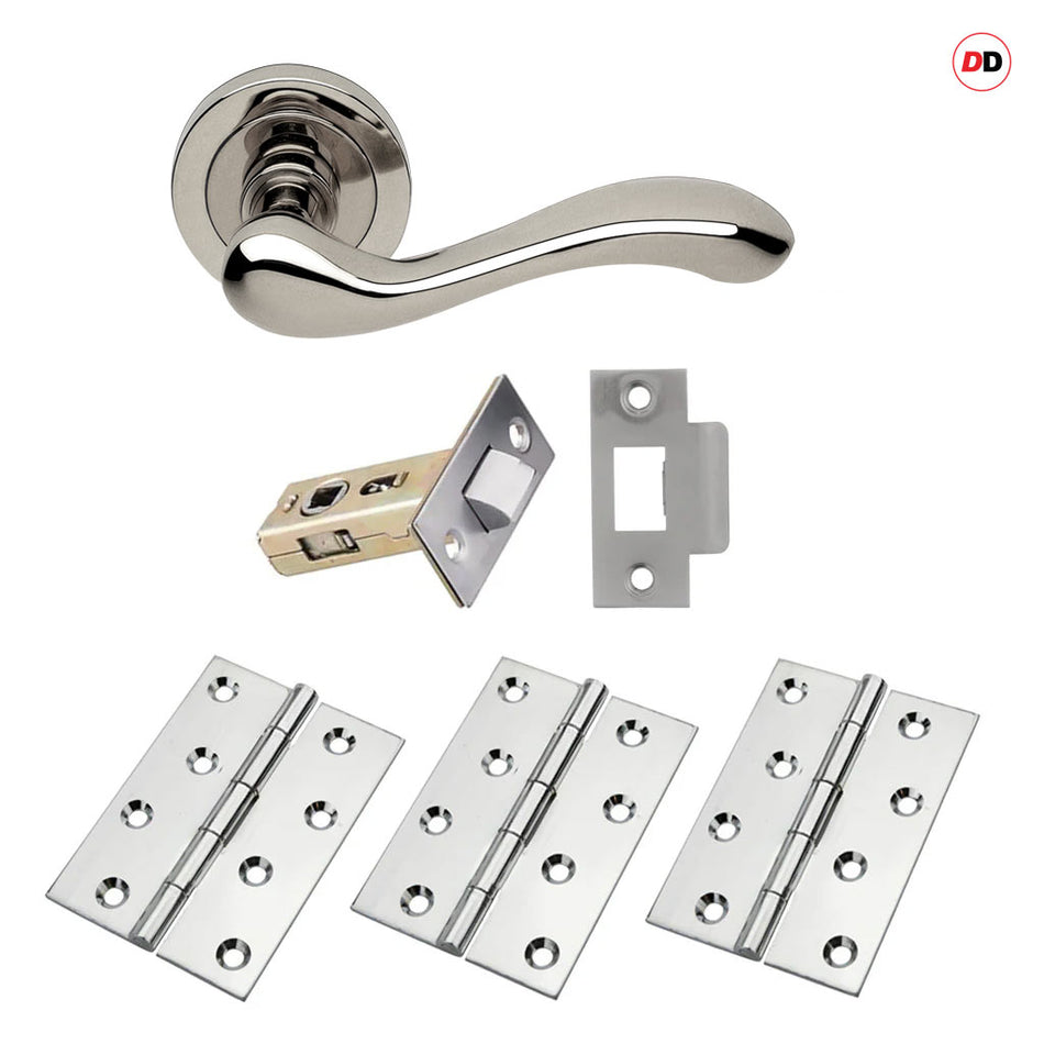 Bari Door Lever Handle Pack - 3 Square Hinges - Polished Chrome Finish