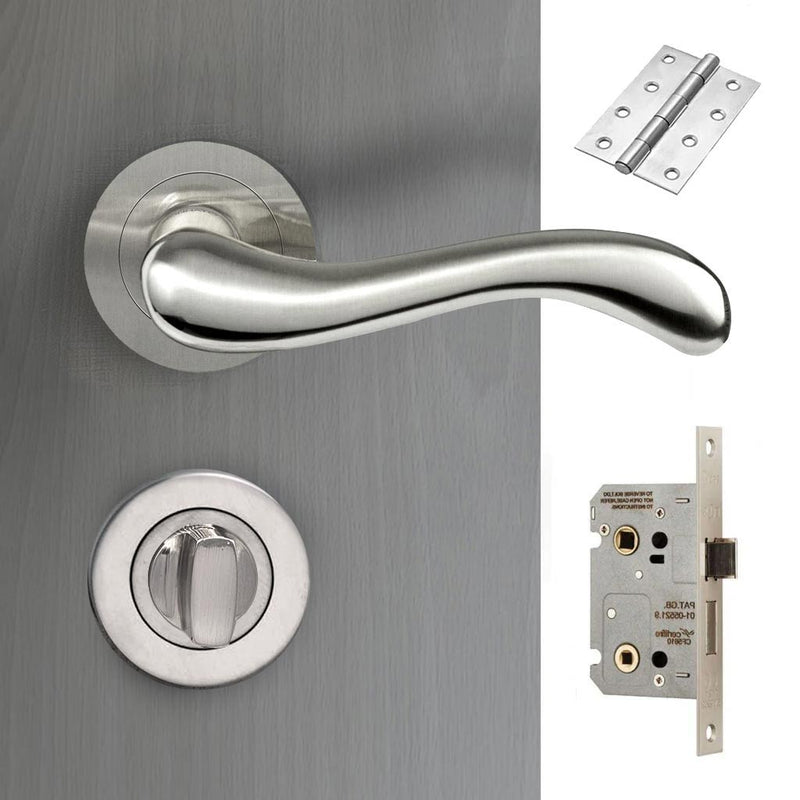 Bari Door Lever Bathroom Handle Pack - 3 Square Hinges - Satin Finish