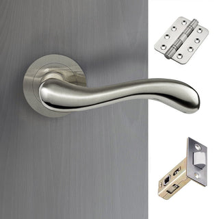 Image: Bari Door Lever Handle Pack - 4 Radius Cornered Hinges - Satin Nickel