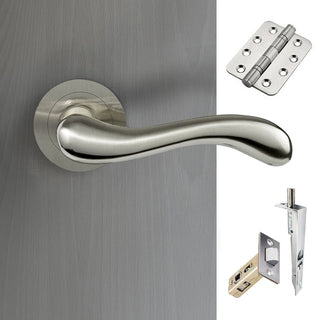 Image: Bari Double Door Lever Handle Pack - 6 Radius Cornered Hinges - Satin Nickel - Combo Handle and Accessory Pack