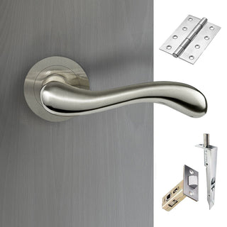 Image: Bari Double Door Lever Handle Pack - 6 Square Hinges - Satin Nickel - Combo Handle and Accessory Pack