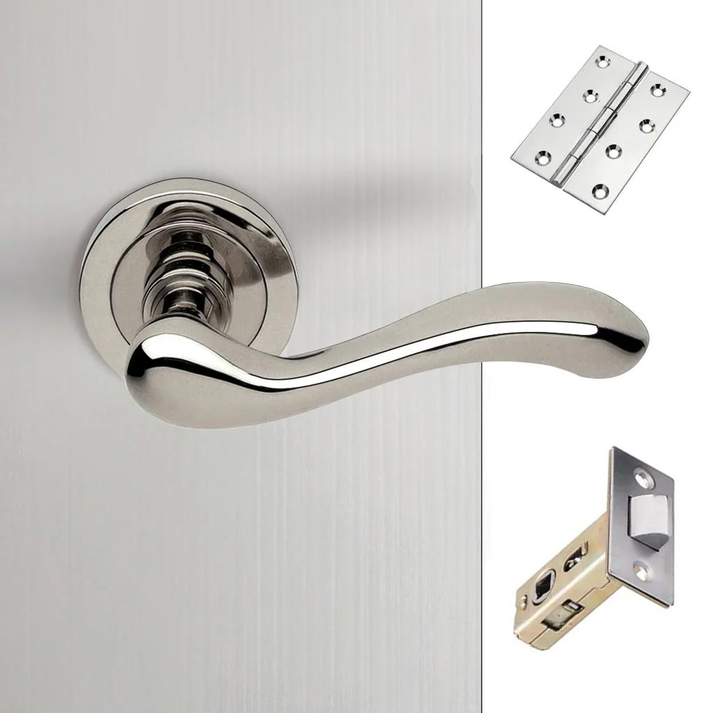 Bari Door Lever Handle Pack - 3 Square Hinges - Polished Chrome Finish