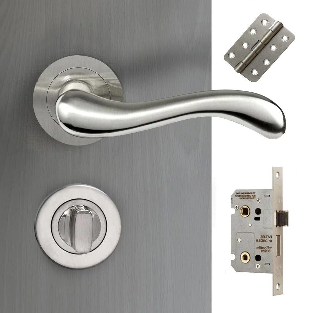 Bari Door Lever Bathroom Handle Pack - 4 Radius Cornered Hinges - Satin Finish