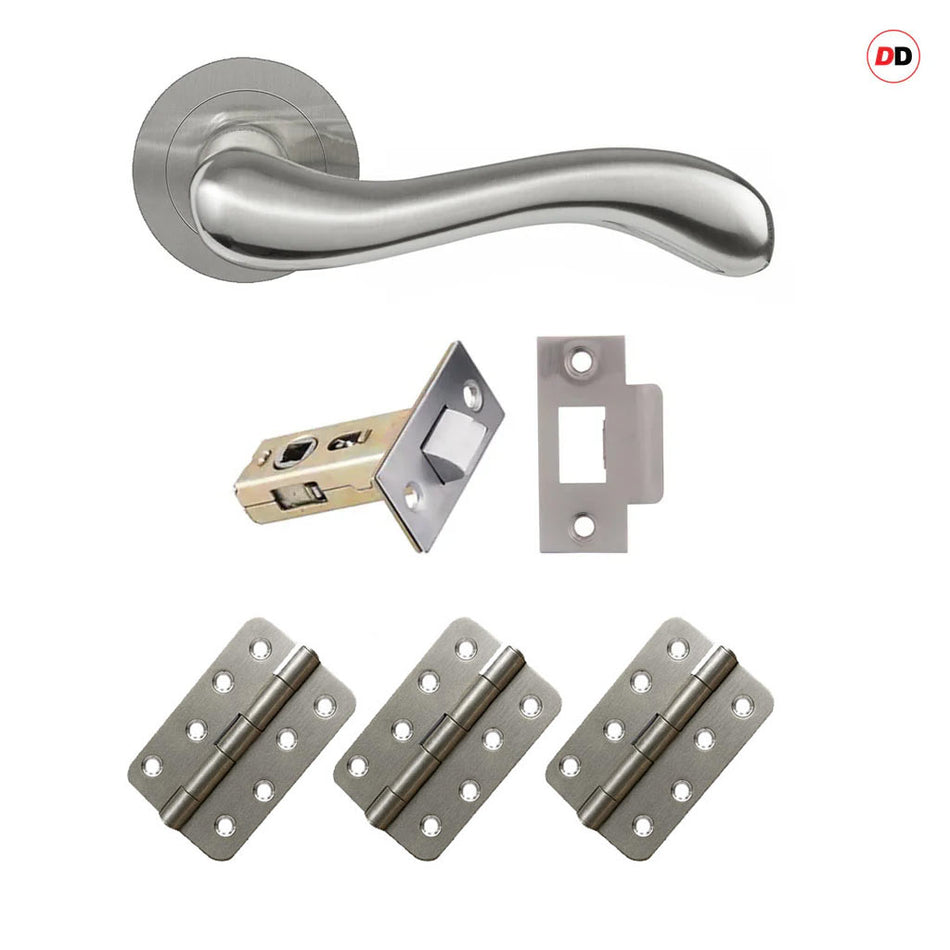 Bari Door Lever Handle Pack - 3 Radius Cornered Hinges - Satin Finish
