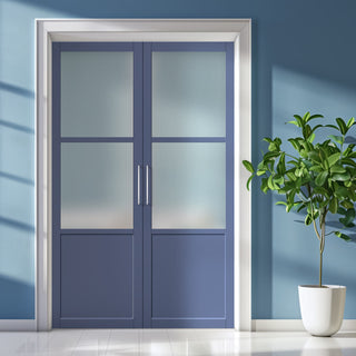 Image: Eco-Urban Berkley 2 Pane 1 Panel Solid Wood Internal Door Pair UK Made DD6309SG - Frosted Glass - Eco-Urban® Heather Blue Premium Primed
