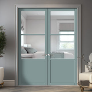 Image: Berkley 2 Pane 1 Panel Solid Wood Internal Door Pair UK Made DD6309 - Clear Reeded Glass - Eco-Urban® Sage Sky Premium Primed