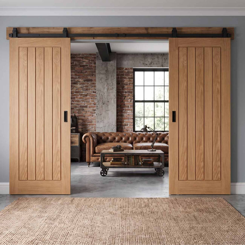 Top Mounted Black Sliding Track & Double Door - Belize Oak Doors - Unfinished